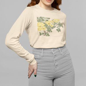 Japanese Allamanda Flower Ukyio-e Print Long Sleeve Graphic Tee T-shirt S M L XL